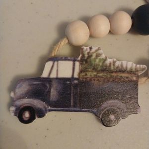 Wooden Beaded Garland Tassels Vintage Blue Pickup Truck Design Country Decor 74"